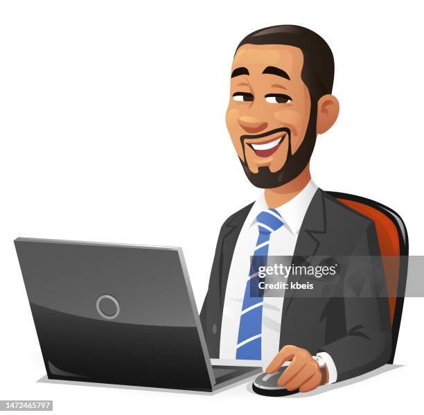Vector illustration of young businessman with a beard, wearing a necktie and a suit, sitting at a desk working on a laptop, isolated on white.
